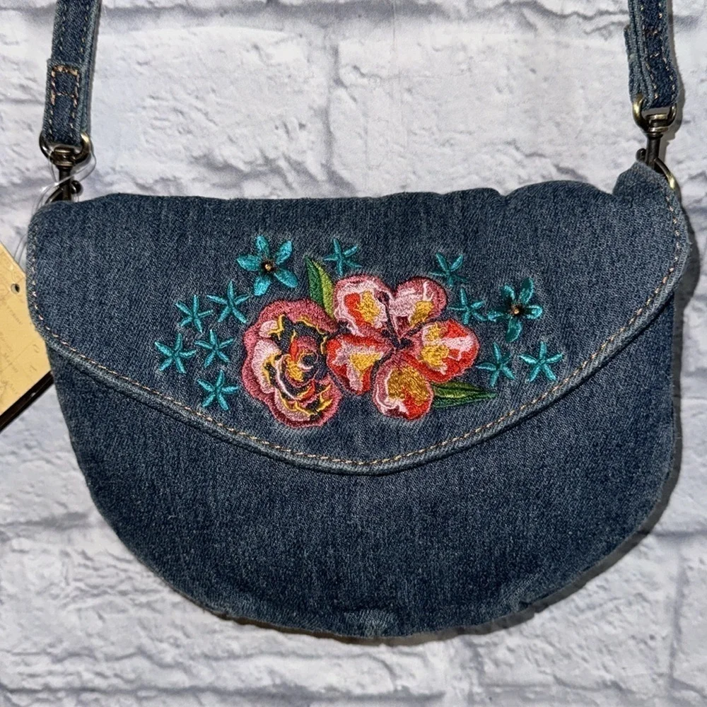 Patricia Nash Granada Boho Floral Denim Embroidered Crossbody Bag Casual Purse